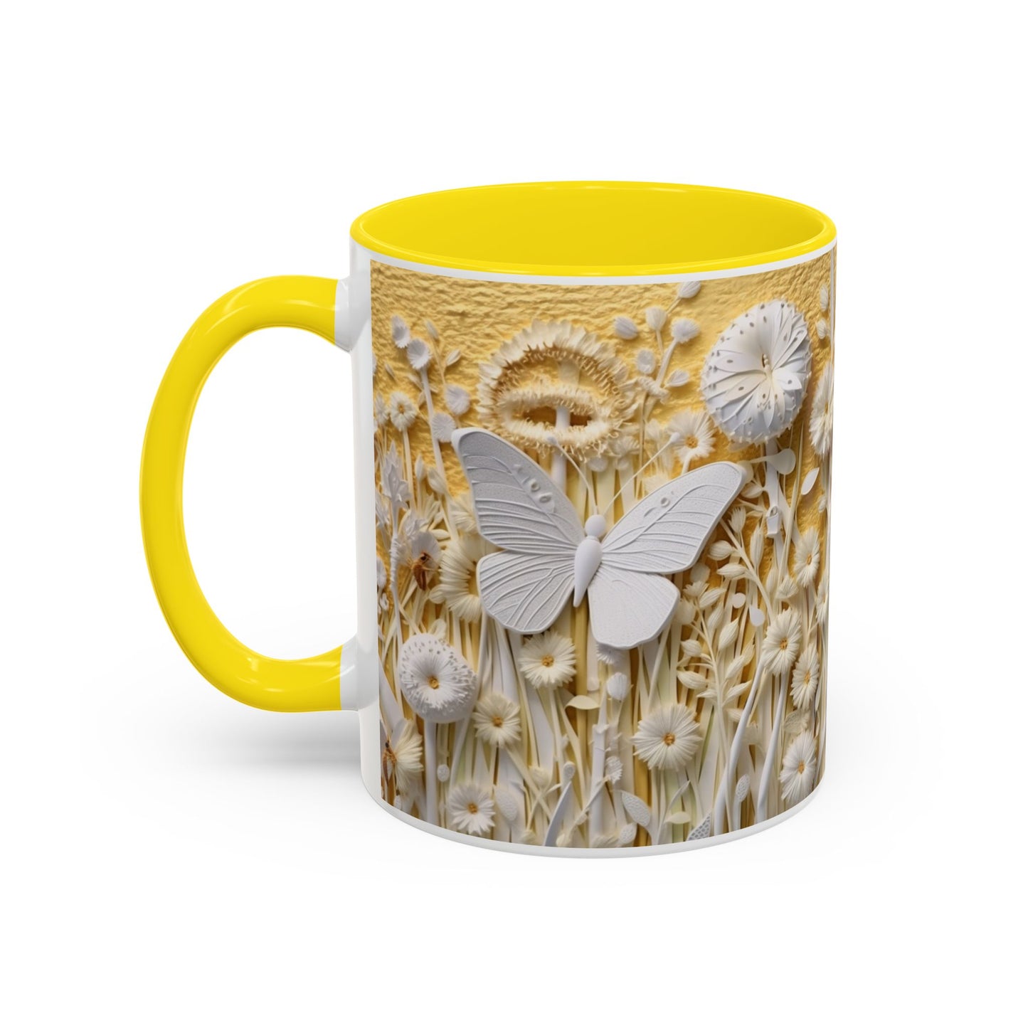 White Floral Relief with Butterflies Accent Mug | 11oz 15oz