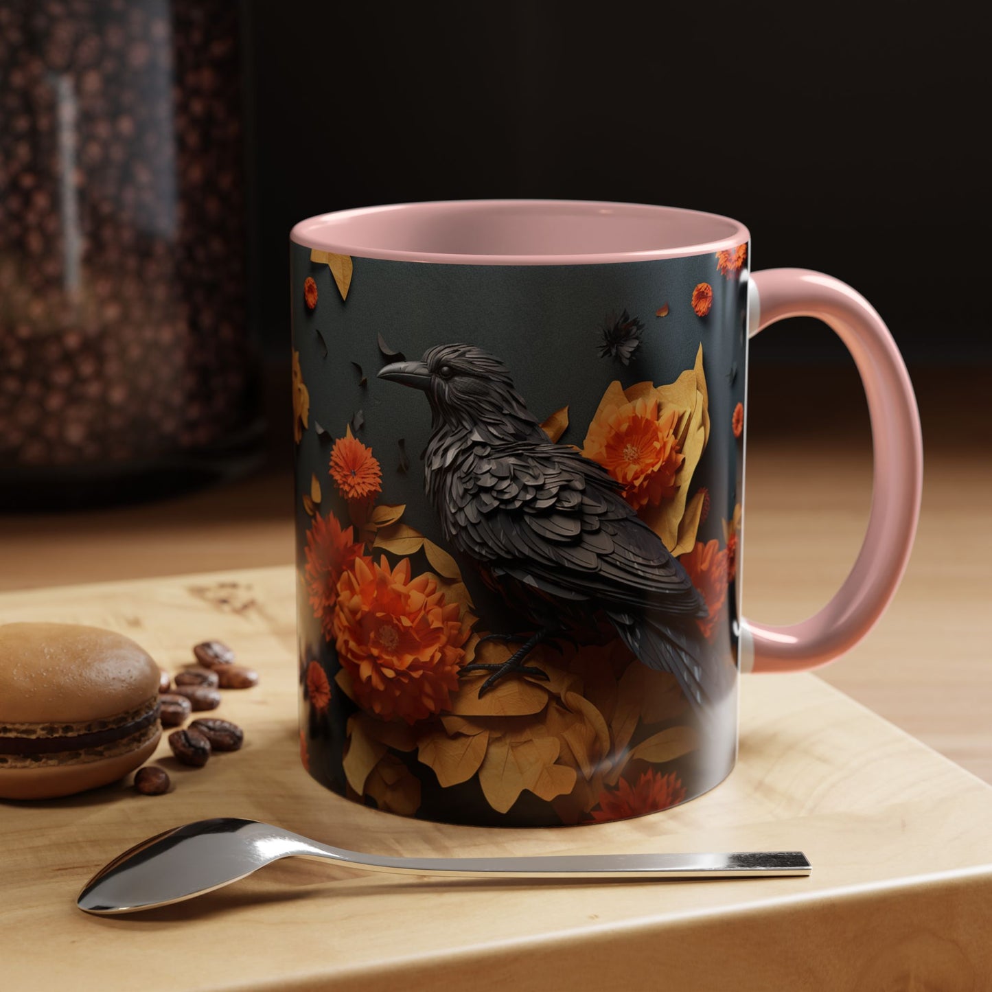 Autumn Raven Accent Coffee Mug — Black Crow & Orange Chrysanthemums (11/15oz)