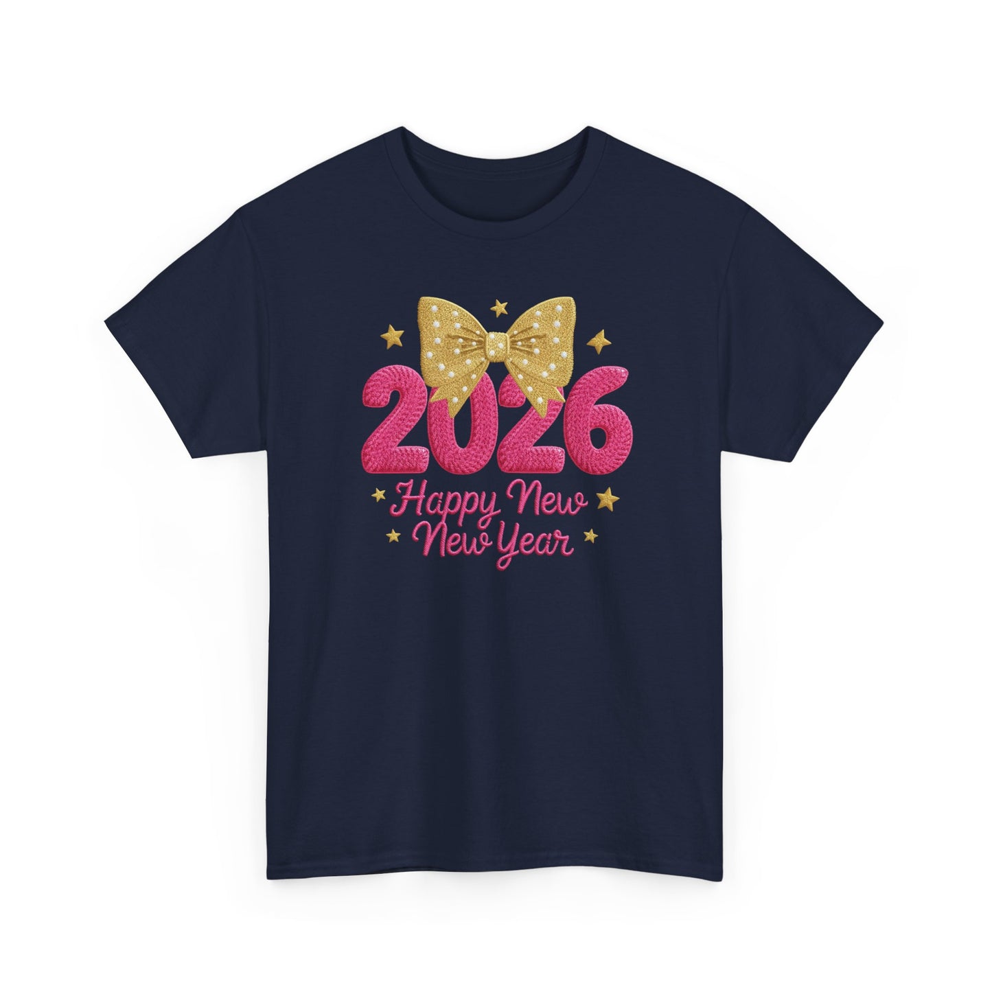 2026 Happy New Year T-Shirt — Pink & Gold Bow Celebration Tee