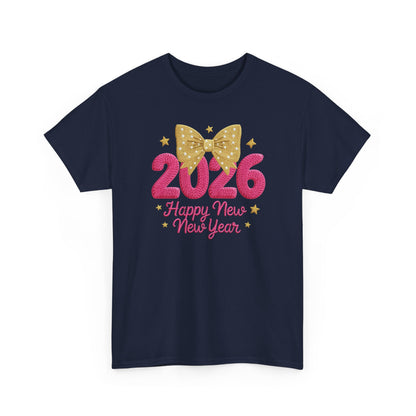 2026 Happy New Year T-Shirt — Pink & Gold Bow Celebration Tee