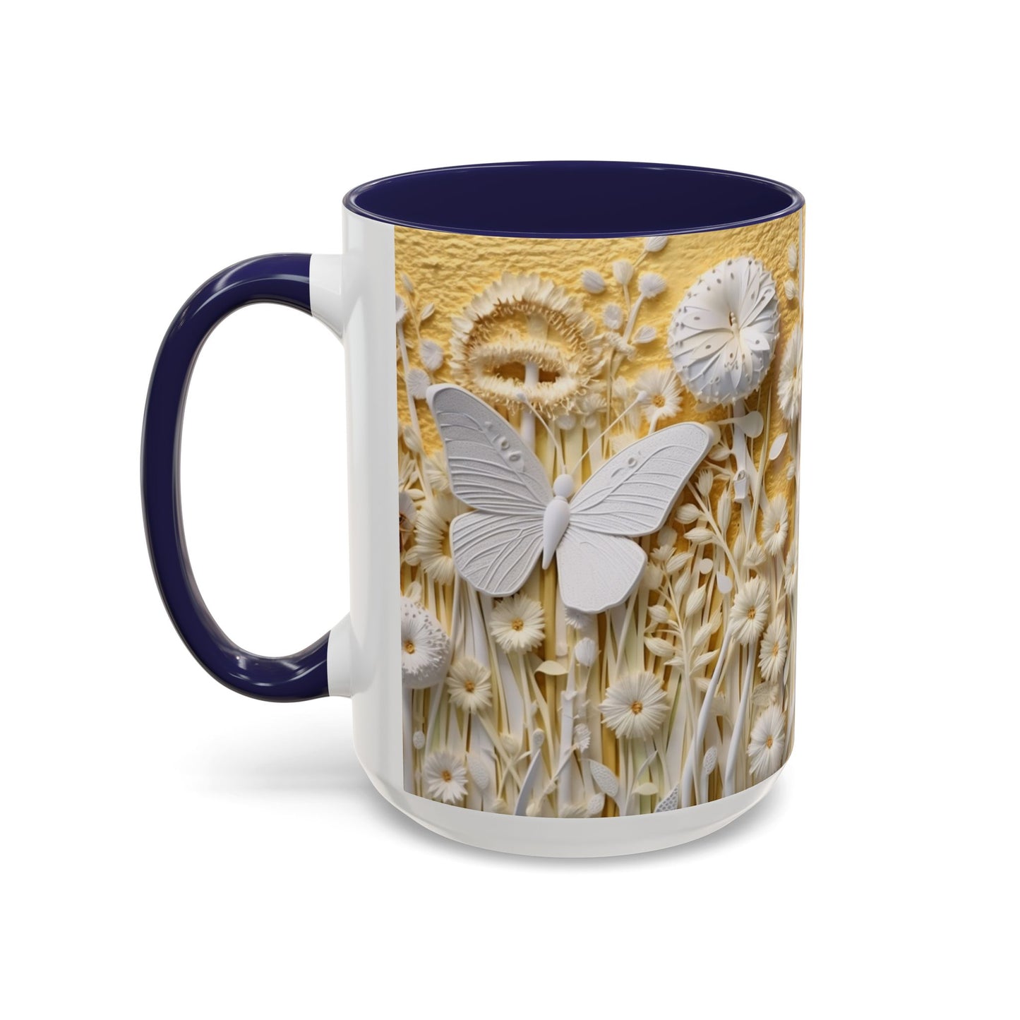 White Floral Relief with Butterflies Accent Mug | 11oz 15oz