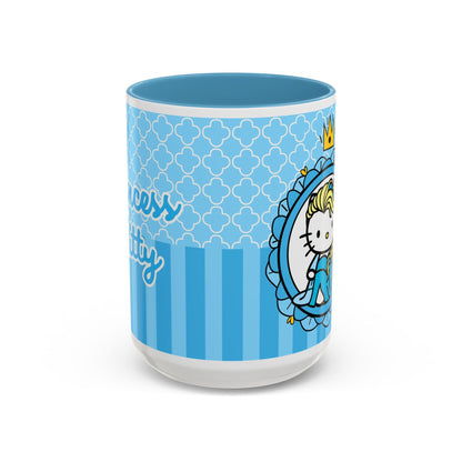 Princess Cat Illustration Accent Coffee Mug | Blue Striped Ceramic