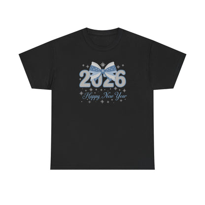 2026 Happy New Year Tee Festive Blue Bow New Year T-Shirt