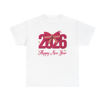 2026 Happy New Year Tee – Festive Pink Bow Celebration T-Shirt
