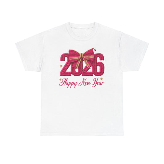 2026 Happy New Year Tee  Festive Pink Bow Celebration T-Shirt