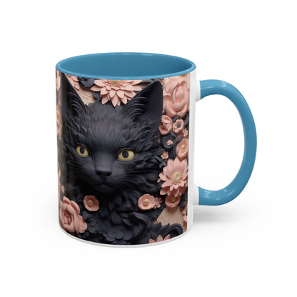 Black Cat & Pink Roses Accent Coffee Mug — 11/15oz Floral Cat Art