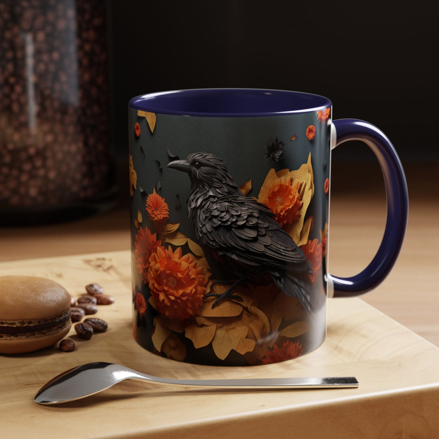 Autumn Raven Accent Coffee Mug — Black Crow & Orange Chrysanthemums (11/15oz)