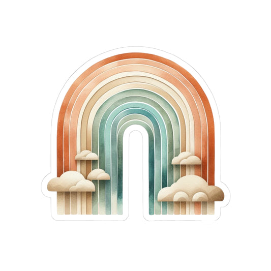 Boho Rainbow Kiss-Cut Sticker — Retro Earth Tones Rainbow with Clouds