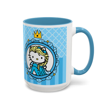 Princess Cat Illustration Accent Coffee Mug | Blue Striped Ceramic