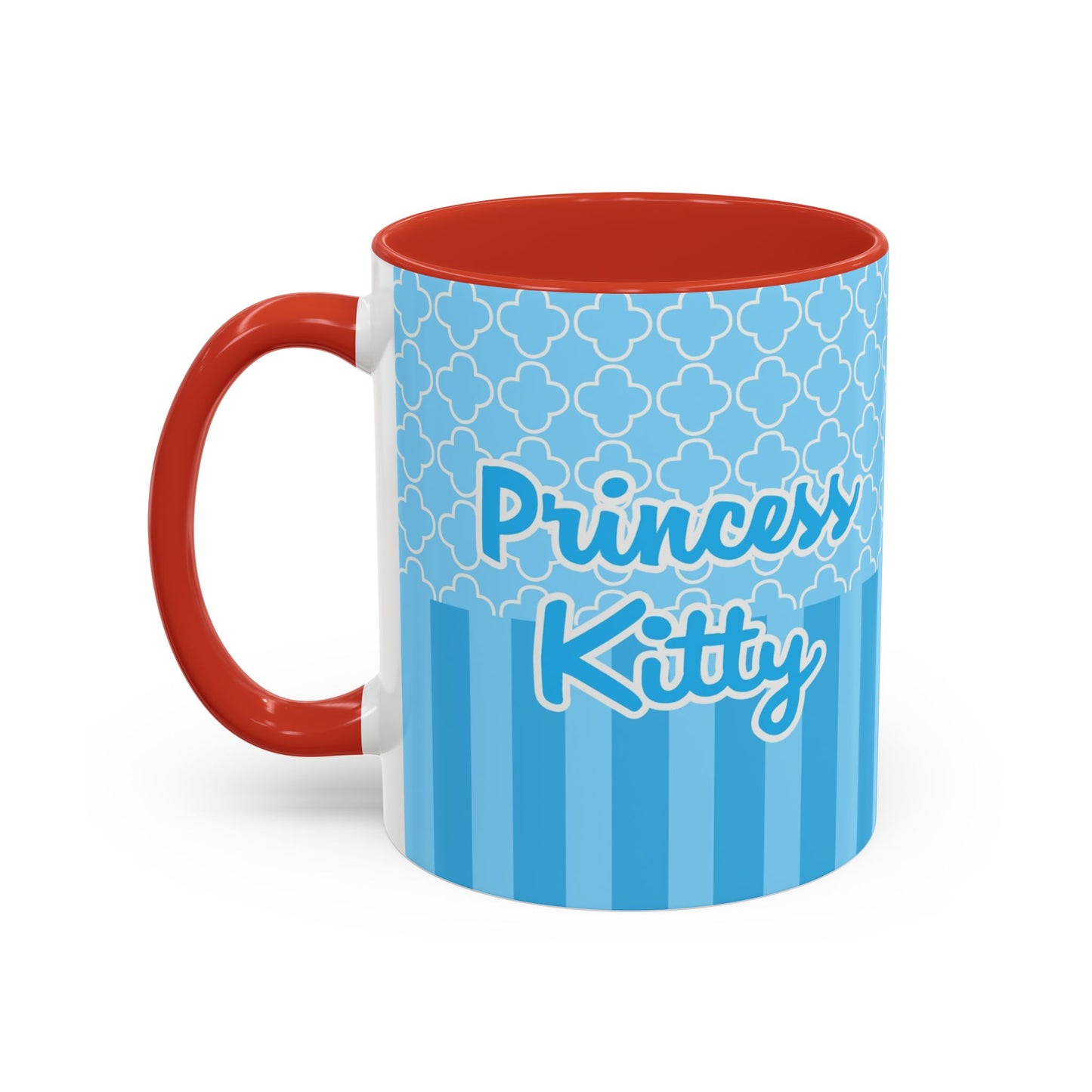 Princess Cat Illustration Accent Coffee Mug | Blue Striped Ceramic