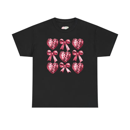 Pink Sequin Hearts & Bows T-Shirt | Valentine Heart Pattern Tee