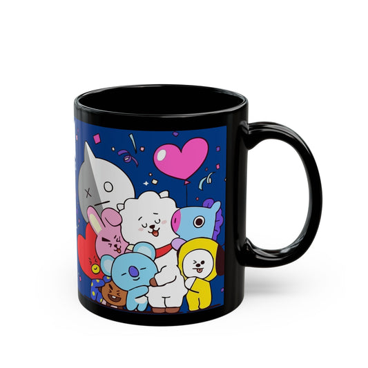 BT21 Characters Mug | Black Ceramic Coffee Cup, Kawaii BTS Cartoon Design