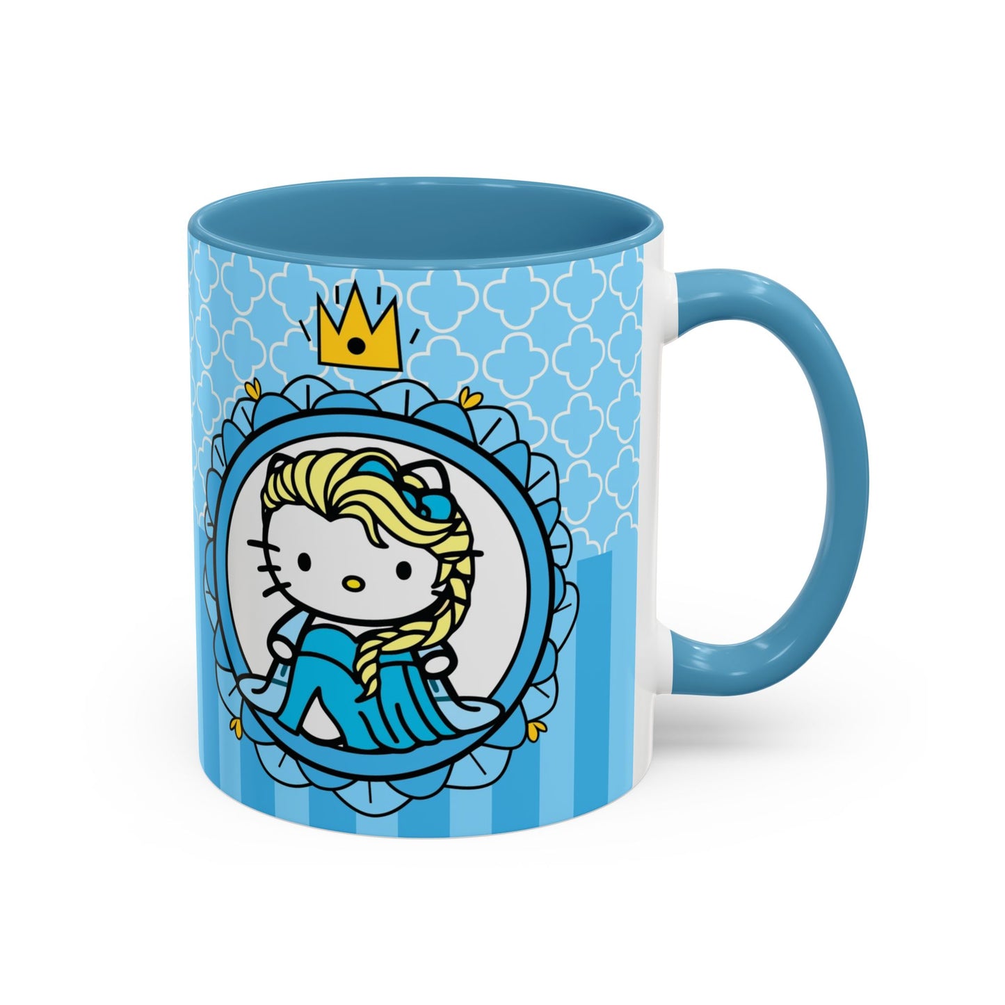 Princess Cat Illustration Accent Coffee Mug | Blue Striped Ceramic