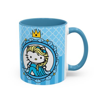 Princess Cat Illustration Accent Coffee Mug | Blue Striped Ceramic