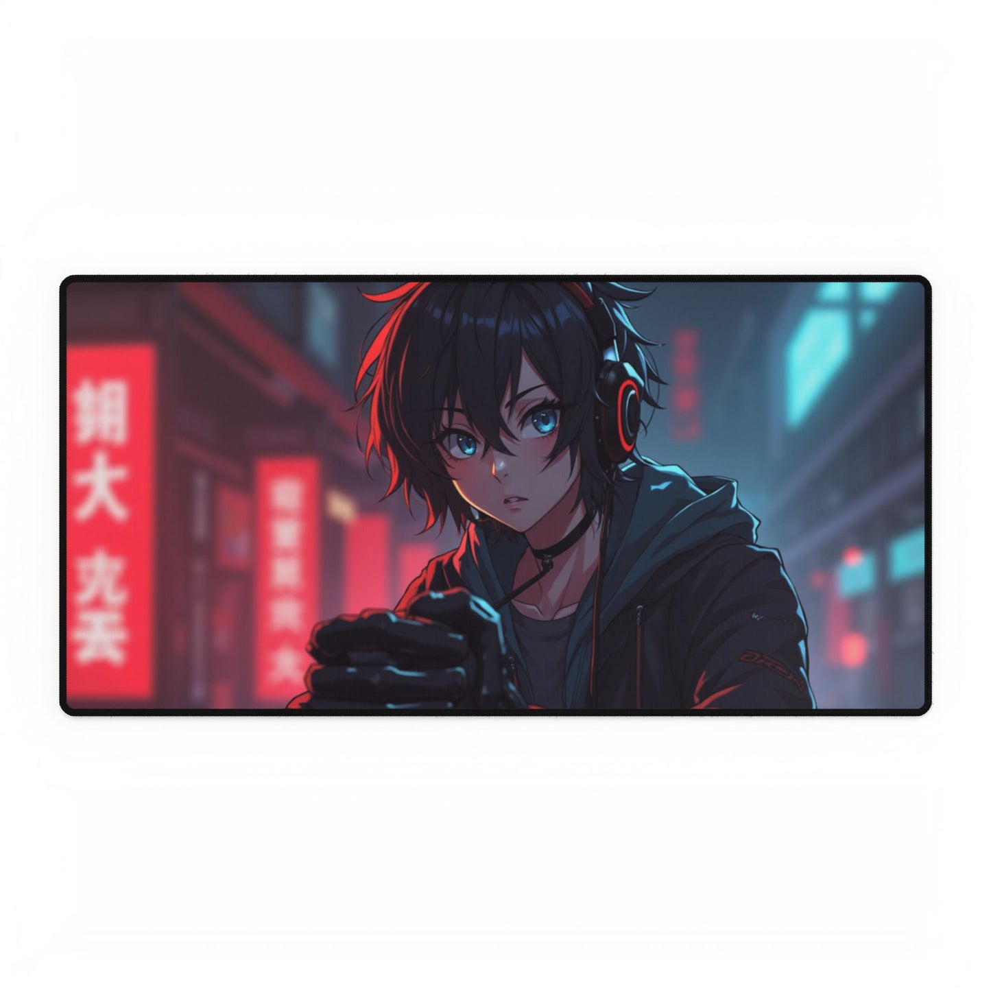 Cyberpunk Anime Gaming Desk Mat — Neon City Boy RGB Mousepad