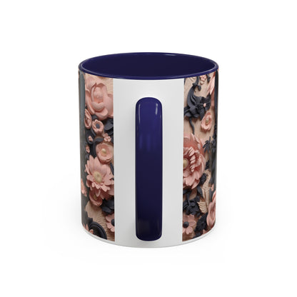 Black Cat & Pink Roses Accent Coffee Mug — 11/15oz Floral Cat Art