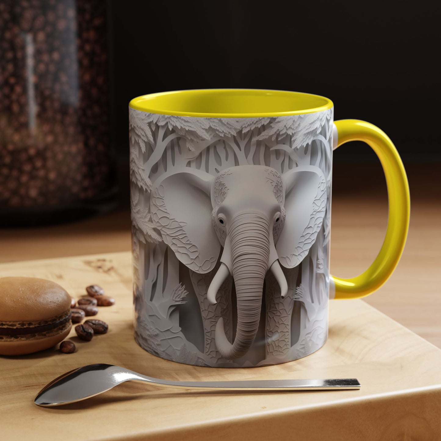 Elephant Relief Accent Coffee Mug — Grey Carved Jungle Design (11/15oz)