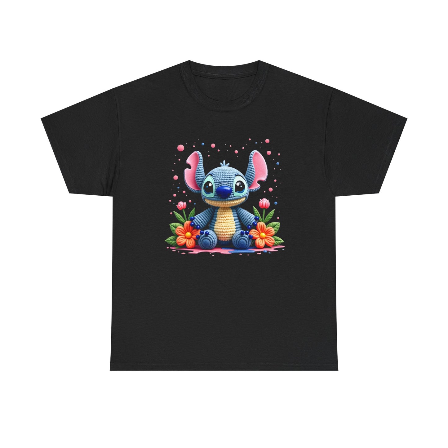 Cute Blue Alien Character Tee | Sitting Stitch-Inspired Design, Floral Accents
