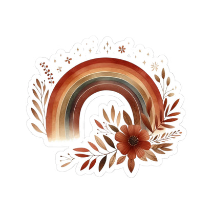 Boho Earth-Tone Rainbow Sticker — Kiss-Cut Floral Rainbow Decal