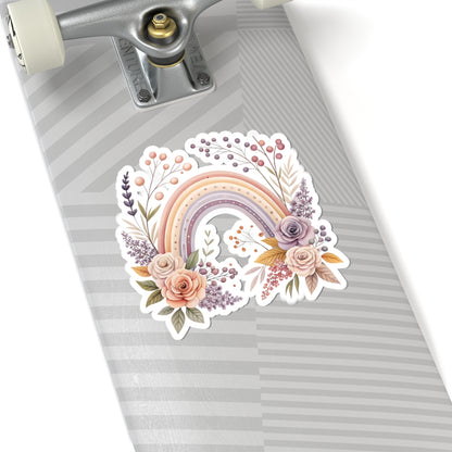 Pastel Floral Rainbow Sticker — Romantic Boho Laptop & Planner Kiss-Cut Sticker
