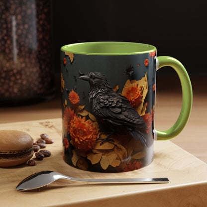 Autumn Raven Accent Coffee Mug — Black Crow & Orange Chrysanthemums (11/15oz)