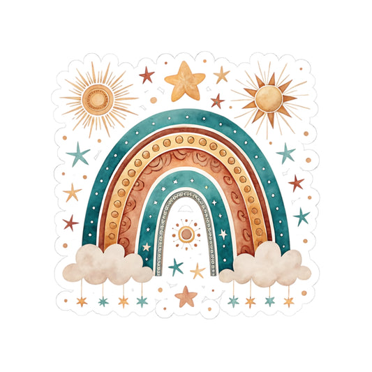 Boho Rainbow Sticker — Sun, Stars & Clouds Kiss-Cut Decal