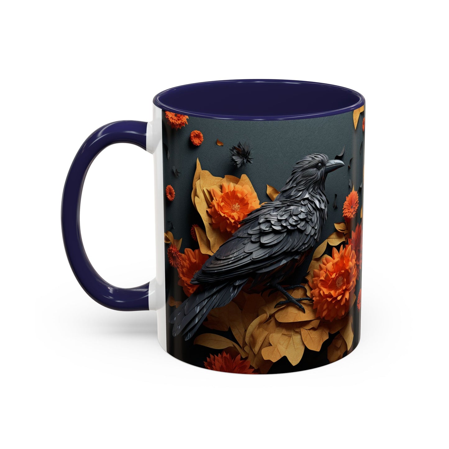 Autumn Raven Accent Coffee Mug — Black Crow & Orange Chrysanthemums (11/15oz)