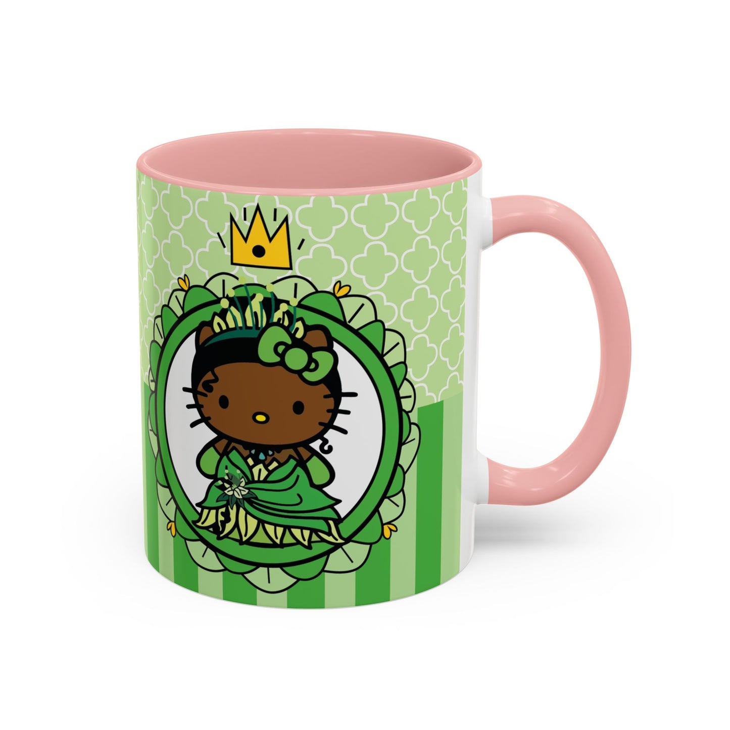Princess Cat Illustration Accent Coffee Mug | Green Stripes
