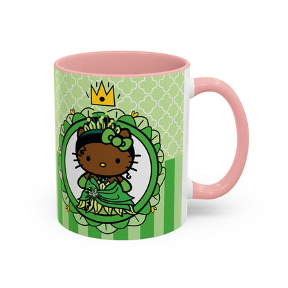 Princess Cat Illustration Accent Coffee Mug | Green Stripes