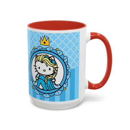 Princess Cat Illustration Accent Coffee Mug | Blue Striped Ceramic