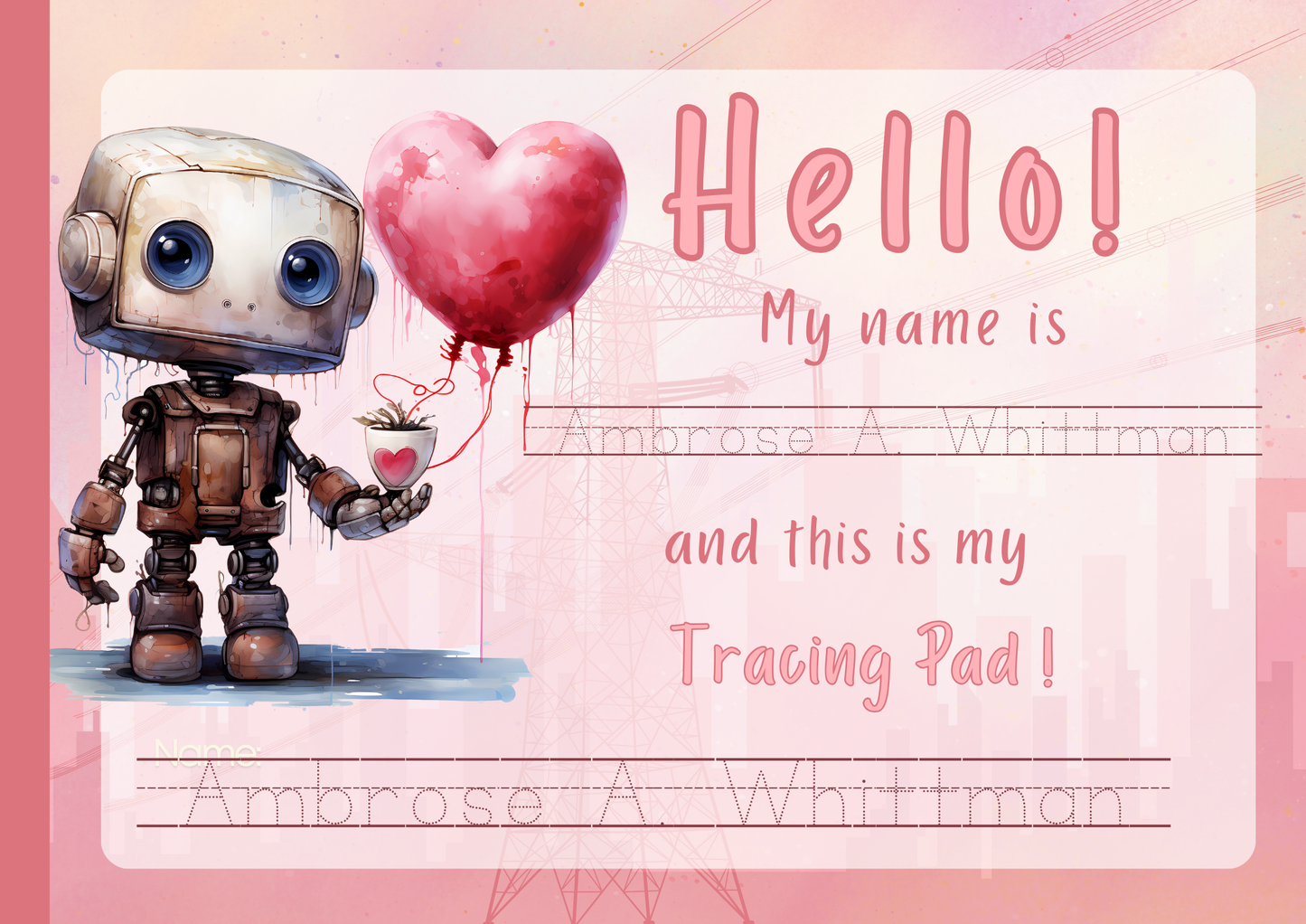 Cursive Letter Tracing Pad - Pink Robot Theme | Digital Download