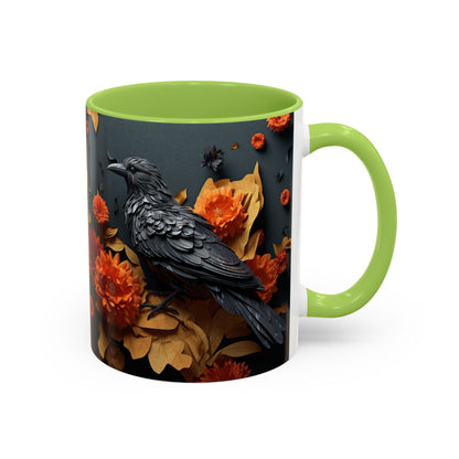 Autumn Raven Accent Coffee Mug — Black Crow & Orange Chrysanthemums (11/15oz)