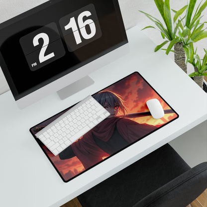 Anime Samurai Desk Mat — Red Sunset Sword Girl Gaming Mouse Pad (Large)