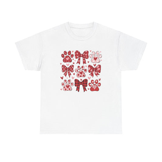 Red Paw Prints and Bows Tee | Cute Cat Dog Paw Heart Pattern