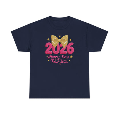 2026 Happy New Year T-Shirt — Pink & Gold Bow Celebration Tee