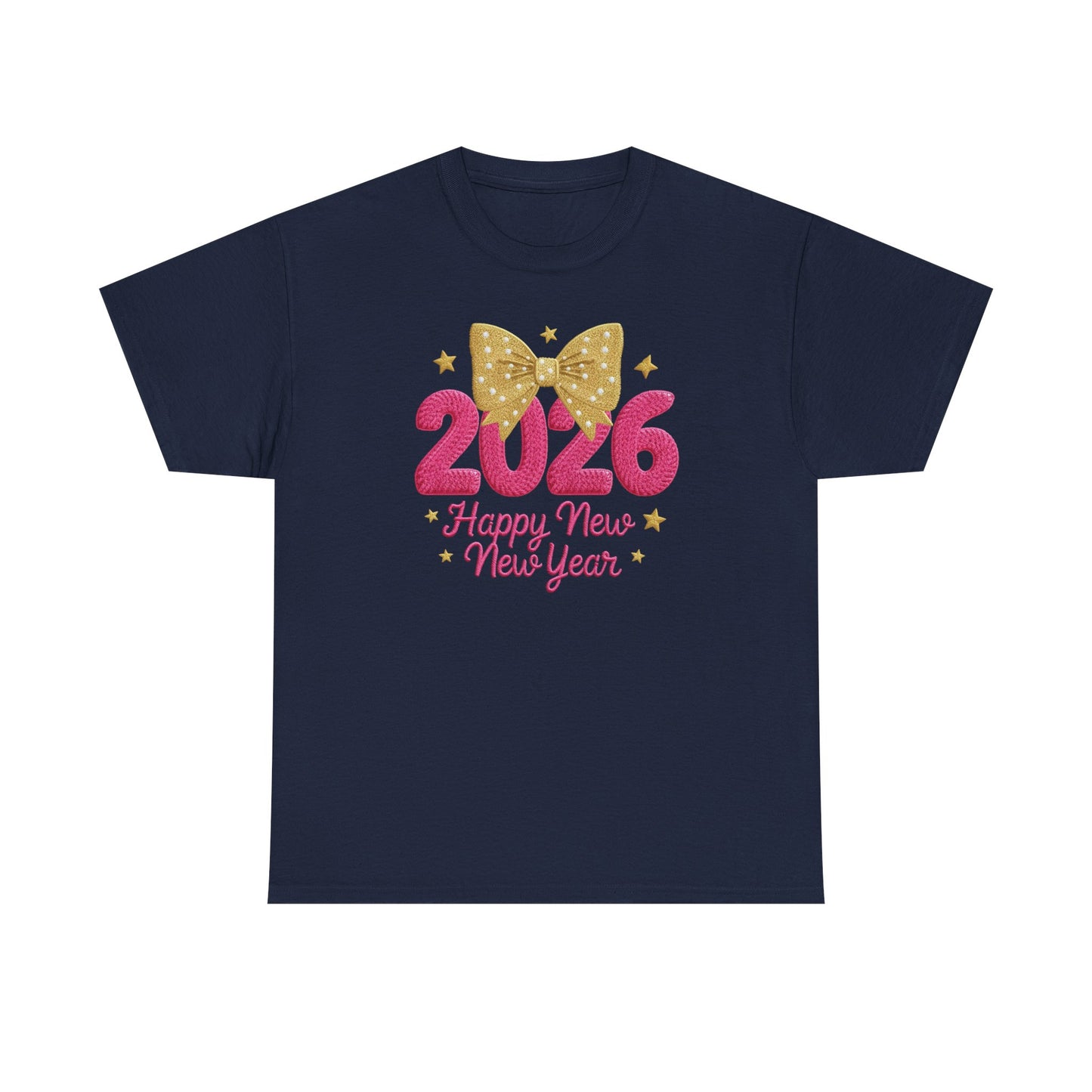 2026 Happy New Year T-Shirt Pink & Gold Bow Celebration Tee