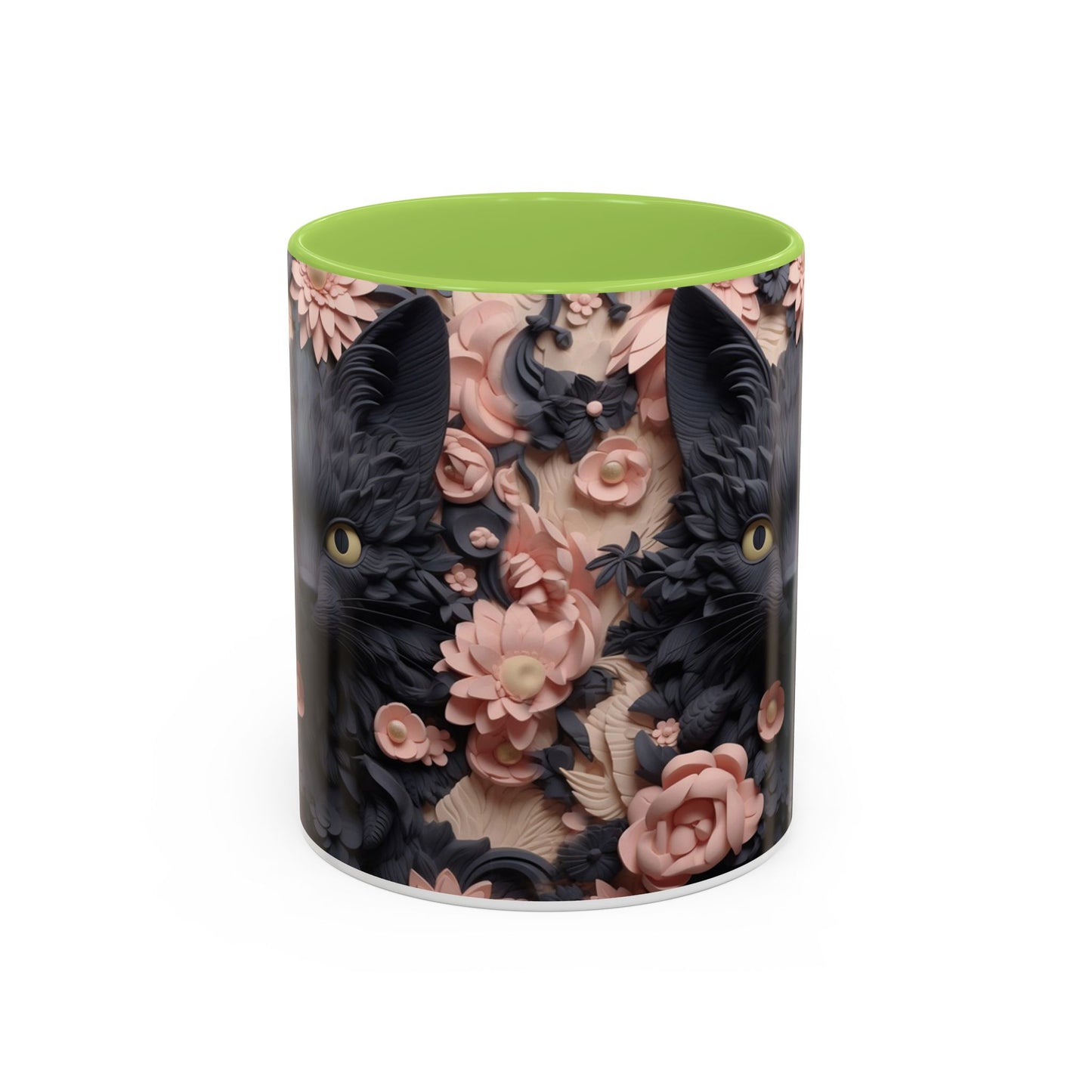 Black Cat & Pink Roses Accent Coffee Mug — 11/15oz Floral Cat Art