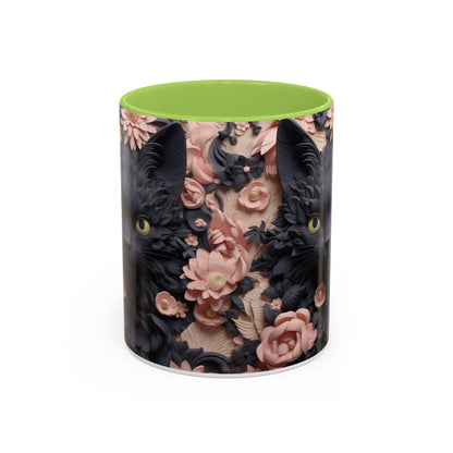 Black Cat & Pink Roses Accent Coffee Mug — 11/15oz Floral Cat Art