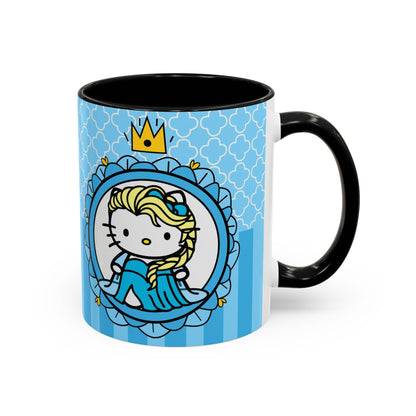 Princess Cat Illustration Accent Coffee Mug | Blue Striped Ceramic