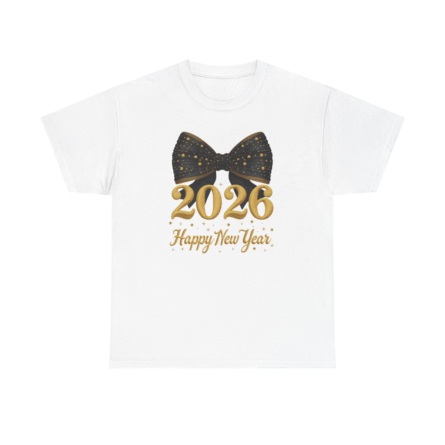 2026 Happy New Year T-Shirt  Gold Numbers with Black Sparkle Bow