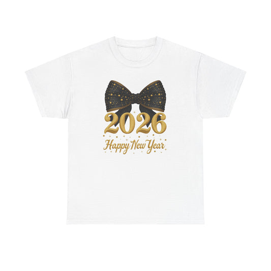 2026 Happy New Year T-Shirt  Gold Numbers with Black Sparkle Bow