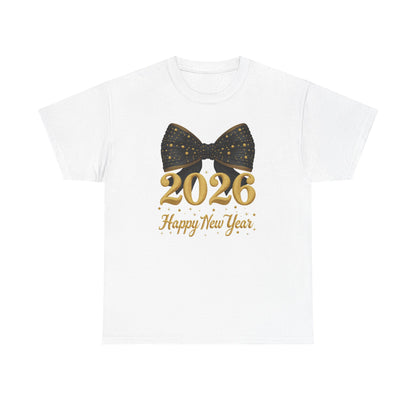 2026 Happy New Year T-Shirt  Gold Numbers with Black Sparkle Bow
