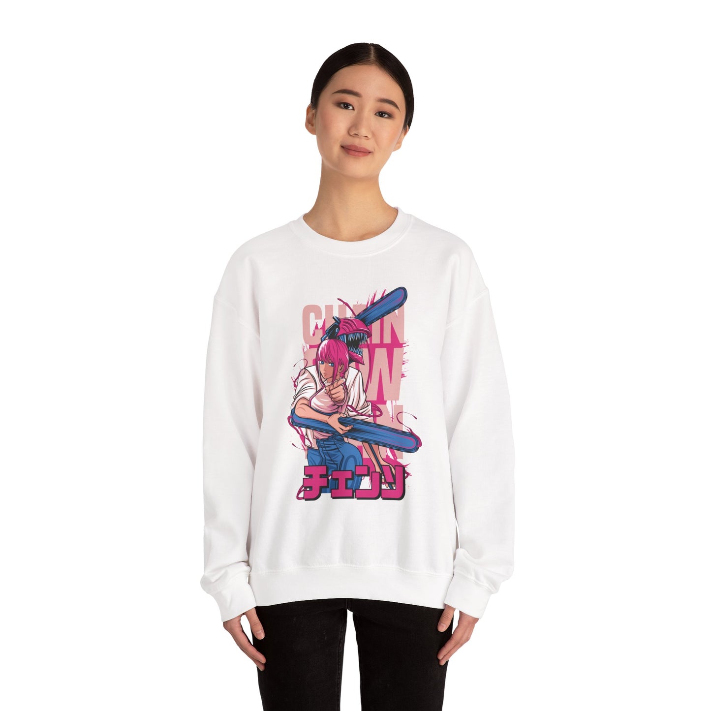 Cherry Anime Girl with Bat Crewneck Sweatshirt | Kawaii Japanese Text