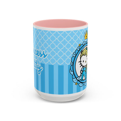 Princess Cat Illustration Accent Coffee Mug | Blue Striped Ceramic