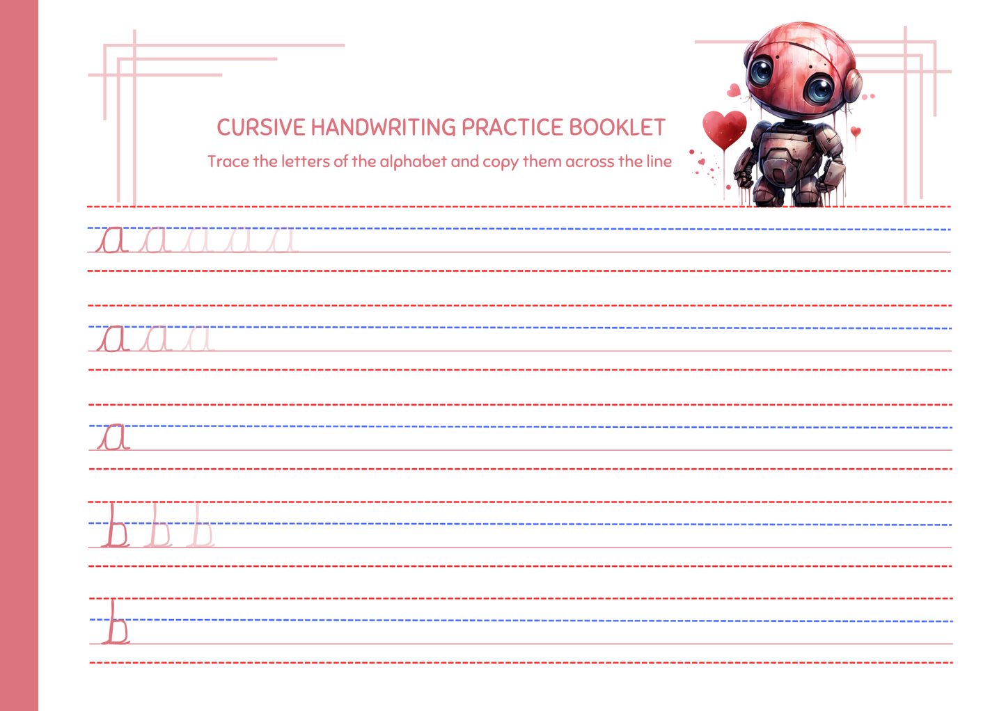 Cursive Letter Tracing Pad - Pink Robot Theme | Digital Download