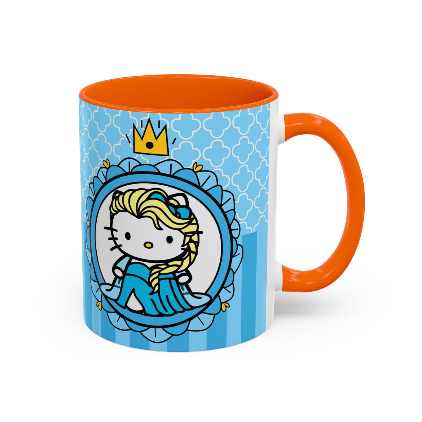 Princess Cat Illustration Accent Coffee Mug | Blue Striped Ceramic