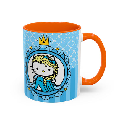 Princess Cat Illustration Accent Coffee Mug | Blue Striped Ceramic