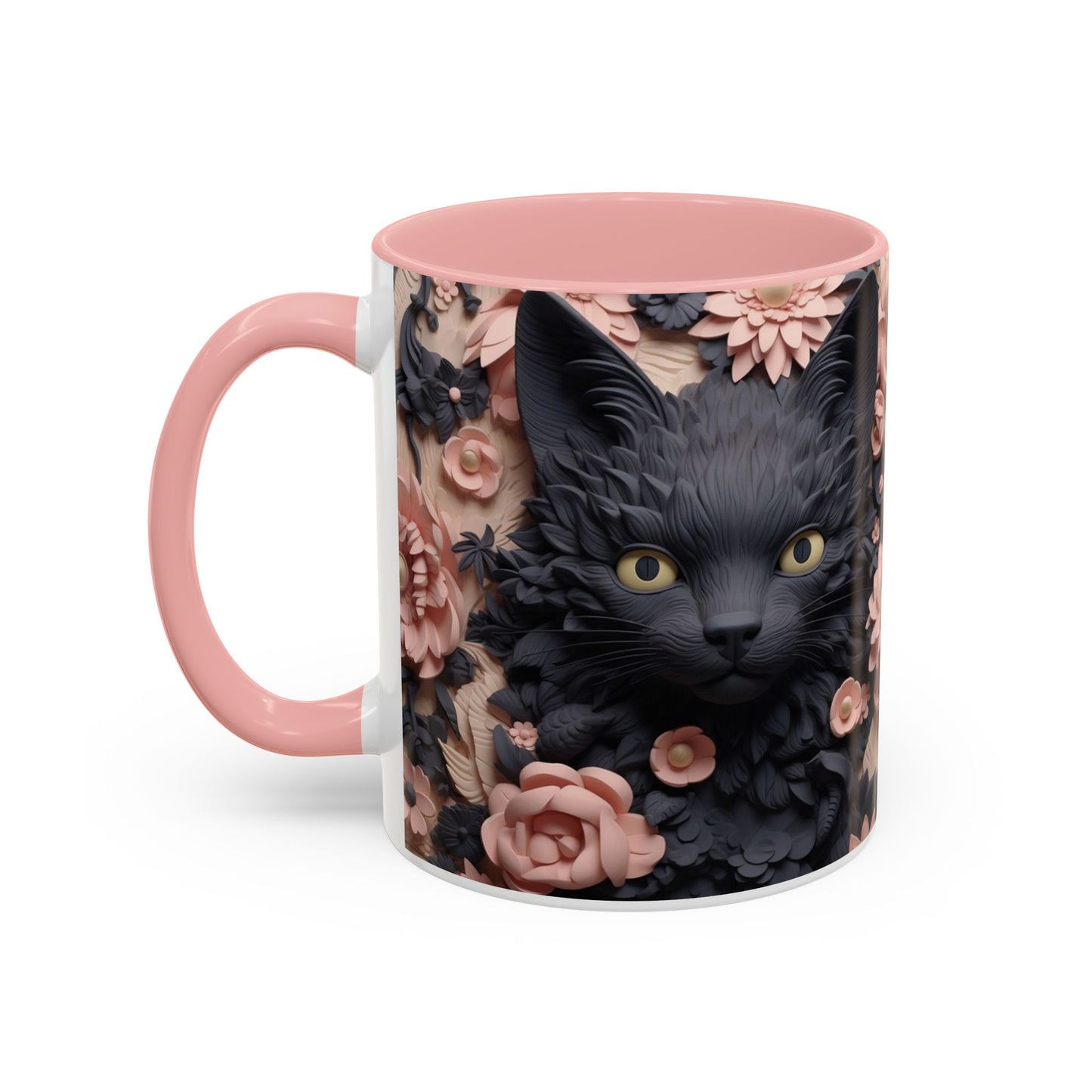 Black Cat & Pink Roses Accent Coffee Mug — 11/15oz Floral Cat Art