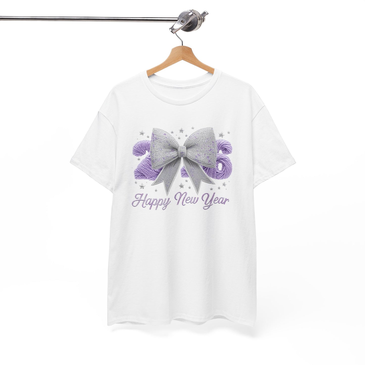 Happy New Year Bow T-Shirt — Silver Glitter Bow with Purple Confetti Tee