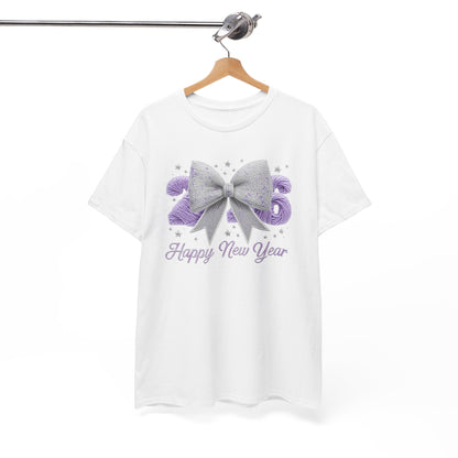 Happy New Year Bow T-Shirt — Silver Glitter Bow with Purple Confetti Tee